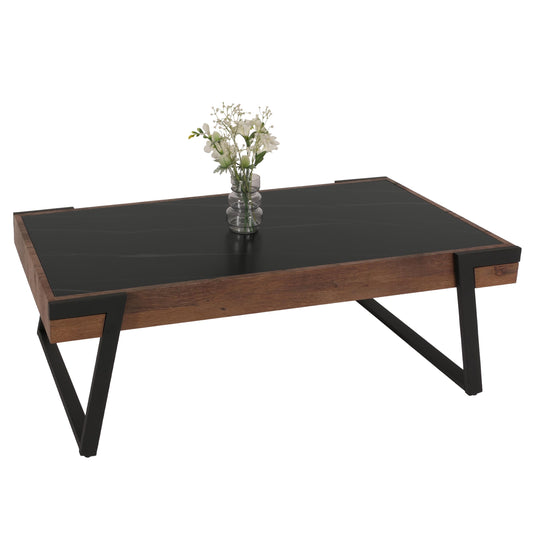 Salontafel MCW-L89, banktafel woonkamertafel, ijzer 43x120x64cm gesinterde steen marmer look zwart hout donkerbruin