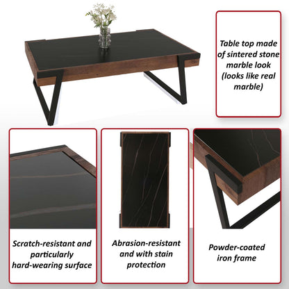 Salontafel MCW-L89, banktafel woonkamertafel, ijzer 43x120x64cm gesinterde steen marmer look zwart hout donkerbruin