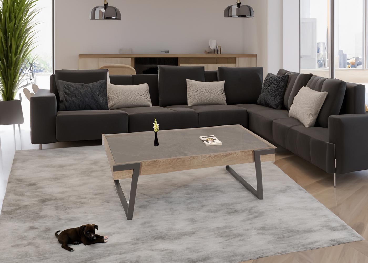 Salontafel MCW-L89, banktafel woonkamertafel, ijzer 43x120x64cm gesinterde steen marmer look grijs hout grijsbruin