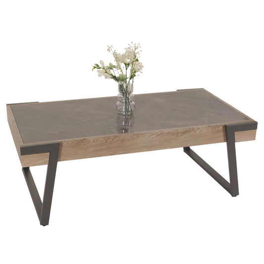 Salontafel MCW-L89, banktafel woonkamertafel, ijzer 43x120x64cm gesinterde steen marmer look grijs hout grijsbruin