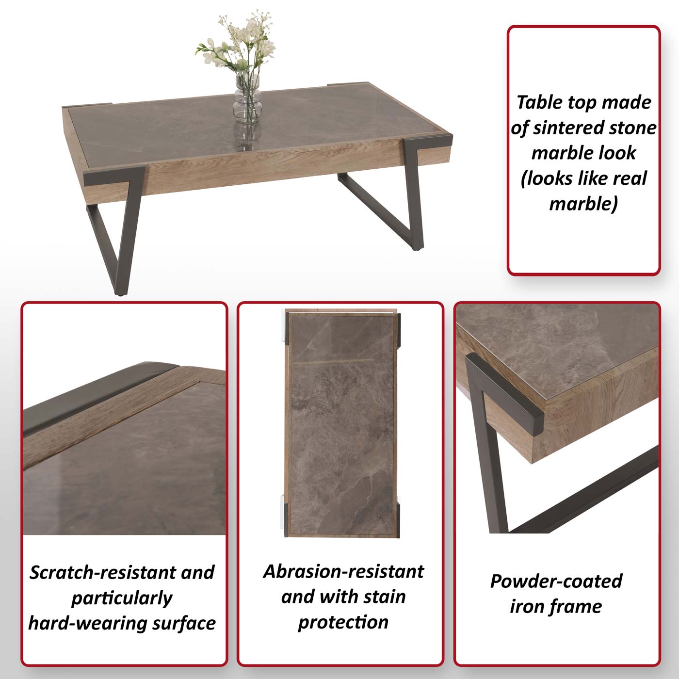 Salontafel MCW-L89, banktafel woonkamertafel, ijzer 43x120x64cm gesinterde steen marmer look grijs hout grijsbruin