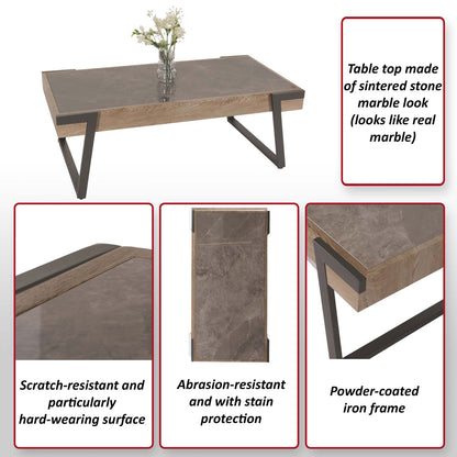 Salontafel MCW-L89, banktafel woonkamertafel, ijzer 43x120x64cm gesinterde steen marmer look grijs hout grijsbruin