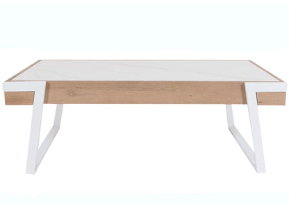 Salontafel MCW-L89, bank tafel woonkamer tafel, ijzer 43x120x64cm gesinterde steen marmer look wit natuurlijk hout