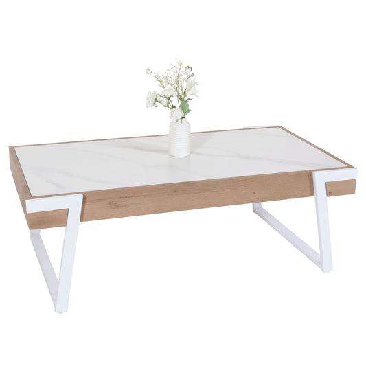 Salontafel MCW-L89, bank tafel woonkamer tafel, ijzer 43x120x64cm gesinterde steen marmer look wit natuurlijk hout