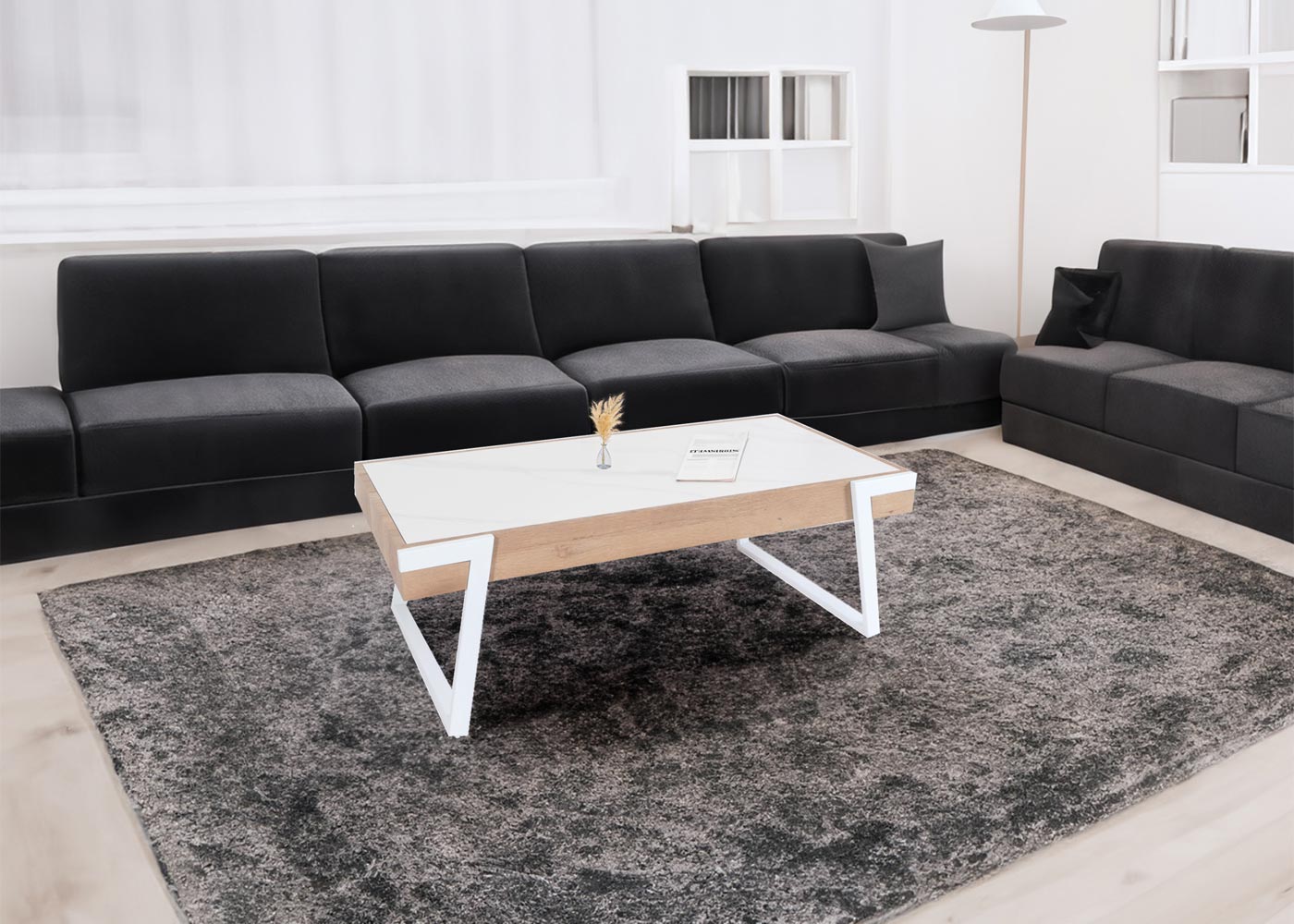 Salontafel MCW-L89, bank tafel woonkamer tafel, ijzer 43x120x64cm gesinterde steen marmer look wit natuurlijk hout