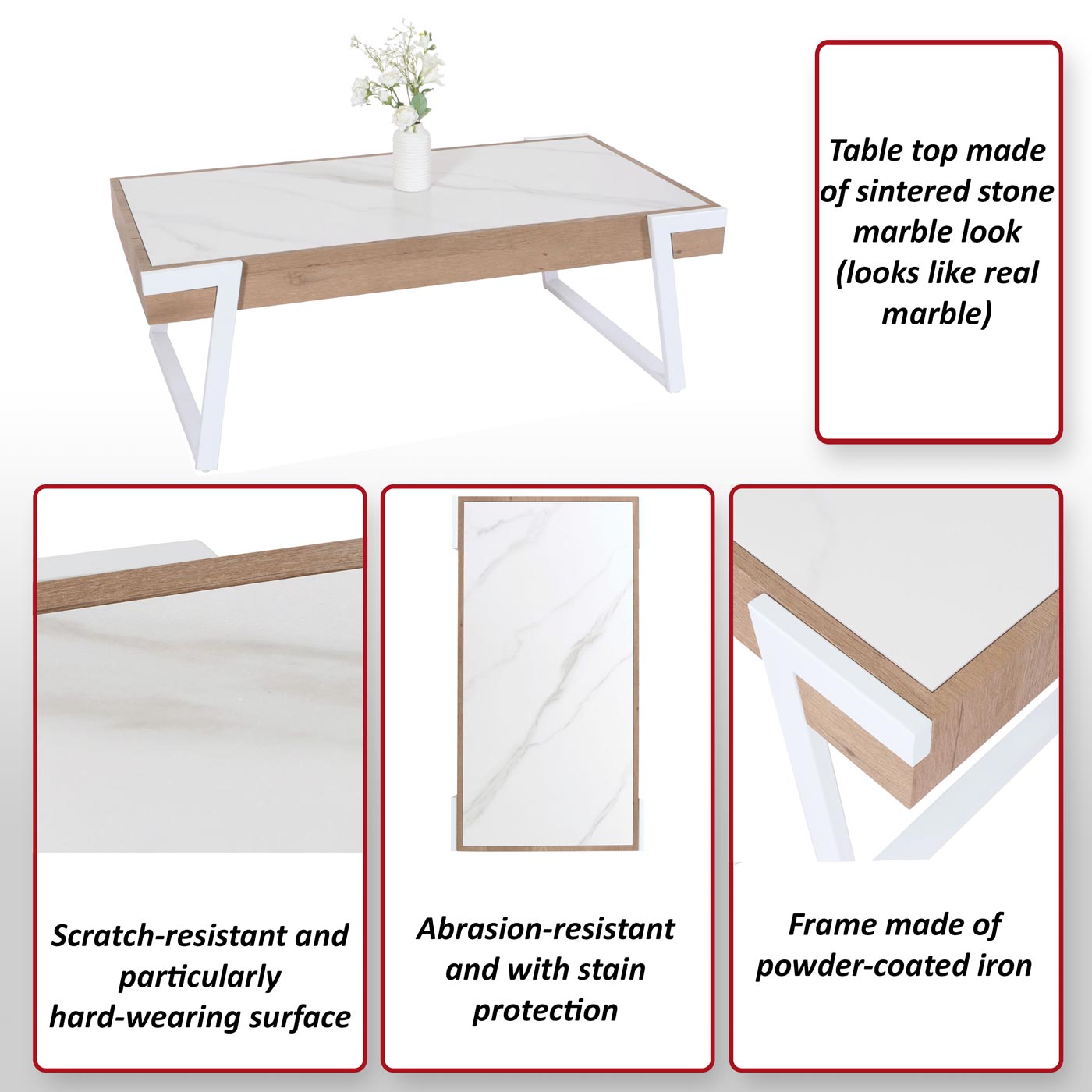 Salontafel MCW-L89, bank tafel woonkamer tafel, ijzer 43x120x64cm gesinterde steen marmer look wit natuurlijk hout