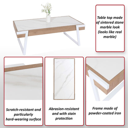 Salontafel MCW-L89, bank tafel woonkamer tafel, ijzer 43x120x64cm gesinterde steen marmer look wit natuurlijk hout