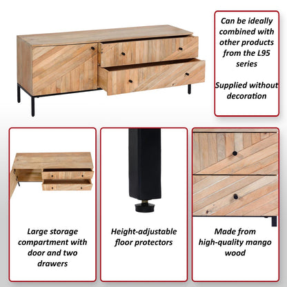 TV-rek MCW-L95, TV-standaard TV-tafel lowboard TV-meubel ladekast, massief mangohout 56x145x43cm MVG, naturel