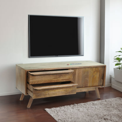 TV-rek MCW-L96, TV-tafel lowboard ladekast, laden massief hout mango 46x110x35cm MVG-gecertificeerd
