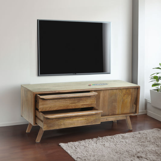 TV-rek MCW-L96, TV-tafel lowboard ladekast, laden massief hout mango 46x110x35cm MVG-gecertificeerd