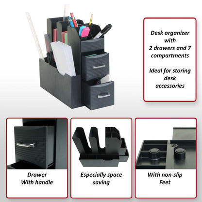 Bureau-organizer MCW-L97, pennenhouder opbergdoos met 2 laden en 7 vakken, 29x14x33cm