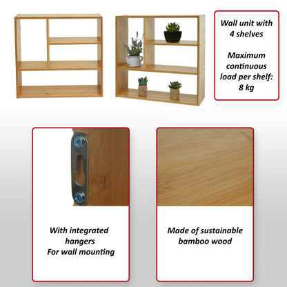 Wandplank MCW-M22, hangplank Drijvende plank met 4 vakken, bamboe 50x50x15cm
