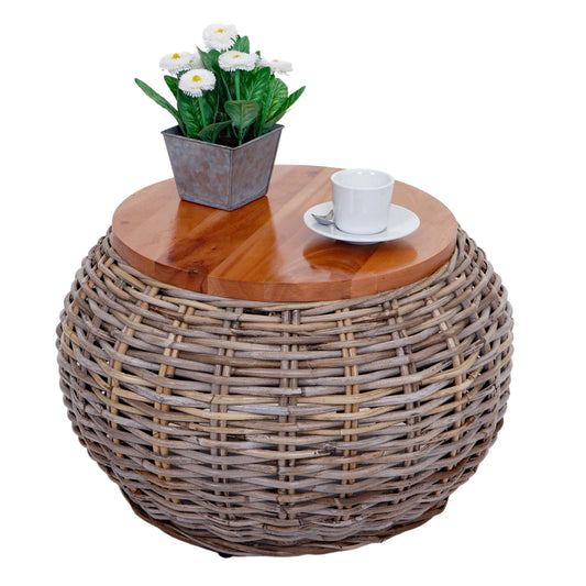 Bijzettafel MCW-M30, rotan tafel bloem tafel salontafel lounge tafel houten tafel, rond 33x49x49cm, Kubu rotan natuur