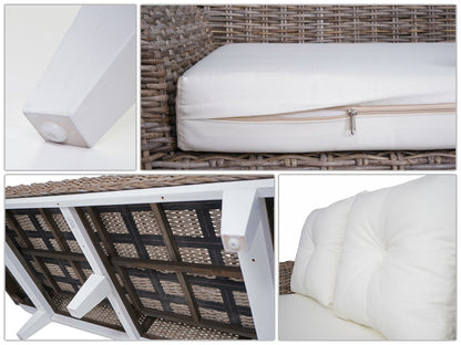 Sofa MCW-M32, 4-zits bank rotan loungebank met kussens, 209cm Kubu rotan natuurlijke stof/textiel bekleding crème
