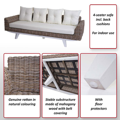 Sofa MCW-M32, 4-zits bank rotan loungebank met kussens, 209cm Kubu rotan natuurlijke stof/textiel bekleding crème