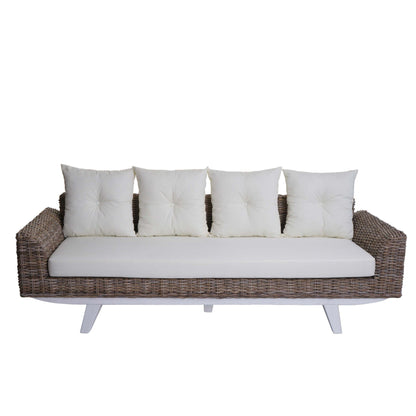 Sofa MCW-M32, 4-zits bank rotan loungebank met kussens, 209cm Kubu rotan natuurlijke stof/textiel bekleding crème