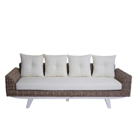 Sofa MCW-M32, 4-zits bank rotan loungebank met kussens, 209cm Kubu rotan natuurlijke stof/textiel bekleding crème