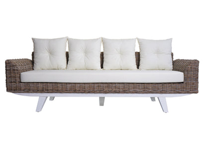 Sofa MCW-M32, 4-zits bank rotan loungebank met kussens, 209cm Kubu rotan natuurlijke stof/textiel bekleding crème