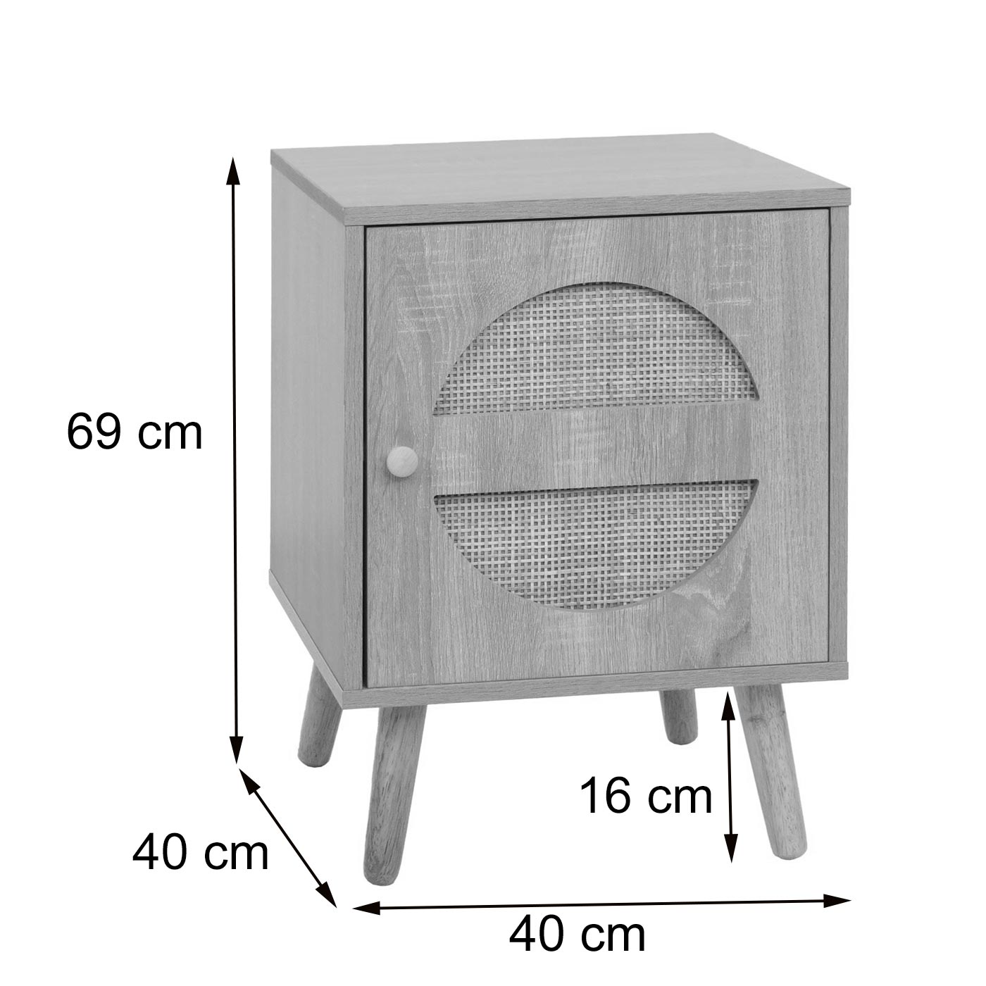 Nachtkastje MCW-M35, salontafel bijzettafel, opbergvakken, Kubu rotan hout melamine, eiken-look 56x40x40cm