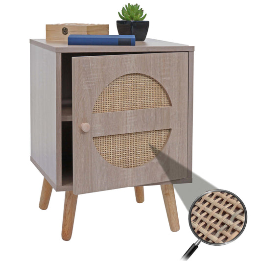 Nachtkastje MCW-M35, salontafel bijzettafel, opbergvakken, Kubu rotan hout melamine, eiken-look 56x40x40cm