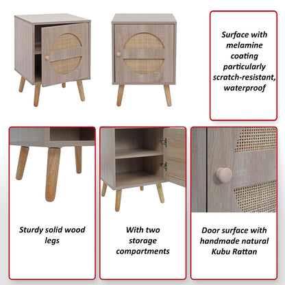 Nachtkastje MCW-M35, salontafel bijzettafel, opbergvakken, Kubu rotan hout melamine, eiken-look 56x40x40cm