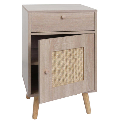 Bijzettafel MCW-M36, salontafel nachtkastje loungetafel, opbergvakken lade, Kubu rotan hout melamine, eiken-look