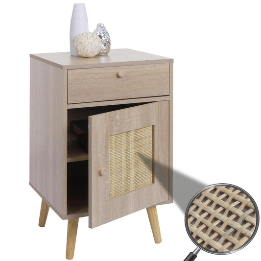 Bijzettafel MCW-M36, salontafel nachtkastje loungetafel, opbergvakken lade, Kubu rotan hout melamine, eiken-look