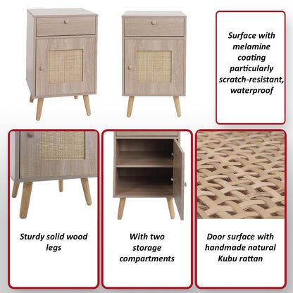 Bijzettafel MCW-M36, salontafel nachtkastje loungetafel, opbergvakken lade, Kubu rotan hout melamine, eiken-look