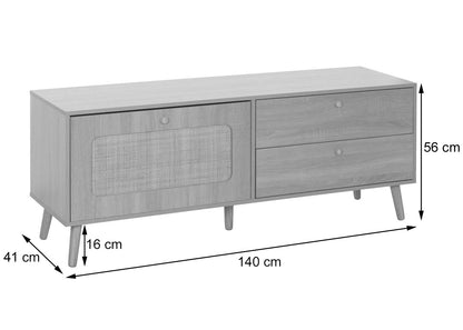 TV-rek MCW-M38, lowboard TV-tafel TV-meubel ladekast, lade deur, Kubu rotan hout 56x140x41cm eiken-look