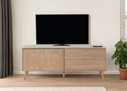 TV-rek MCW-M38, lowboard TV-tafel TV-meubel ladekast, lade deur, Kubu rotan hout 56x140x41cm eiken-look