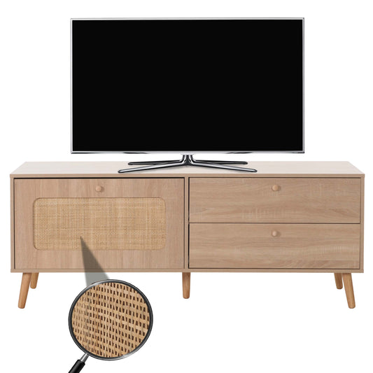 TV-rek MCW-M38, lowboard TV-tafel TV-meubel ladekast, lade deur, Kubu rotan hout 56x140x41cm eiken-look