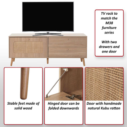 TV-rek MCW-M38, lowboard TV-tafel TV-meubel ladekast, lade deur, Kubu rotan hout 56x140x41cm eiken-look