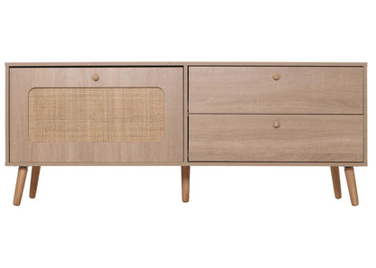 TV-rek MCW-M38, lowboard TV-tafel TV-meubel ladekast, lade deur, Kubu rotan hout 56x140x41cm eiken-look