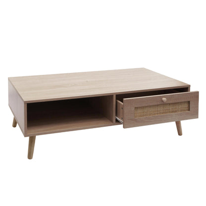 Salontafel MCW-M39, woonkamertafel bijzettafel sofatafel, lade Kubu rotan hout melamine, 37x110x59cm eiken-look