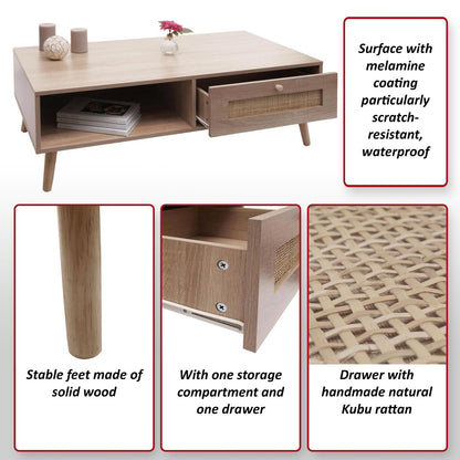 Salontafel MCW-M39, woonkamertafel bijzettafel sofatafel, lade Kubu rotan hout melamine, 37x110x59cm eiken-look