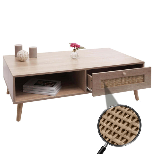 Salontafel MCW-M39, woonkamertafel bijzettafel sofatafel, lade Kubu rotan hout melamine, 37x110x59cm eiken-look