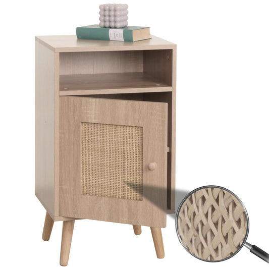 Nachtkastje MCW-M39, nachtkastje salontafel bijzettafel, opbergvakken, Kubu rotan hout melamine, eiken look 71x40x41cm