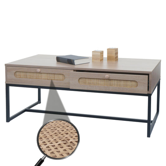 Salontafel MCW-M41, woonkamertafel bijzettafel sofatafel, lade, Kubu rotan hout melamine, eiken look