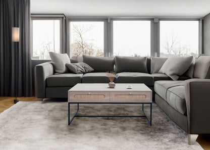 Salontafel MCW-M41, woonkamertafel bijzettafel sofatafel, lade, Kubu rotan hout melamine, eiken look