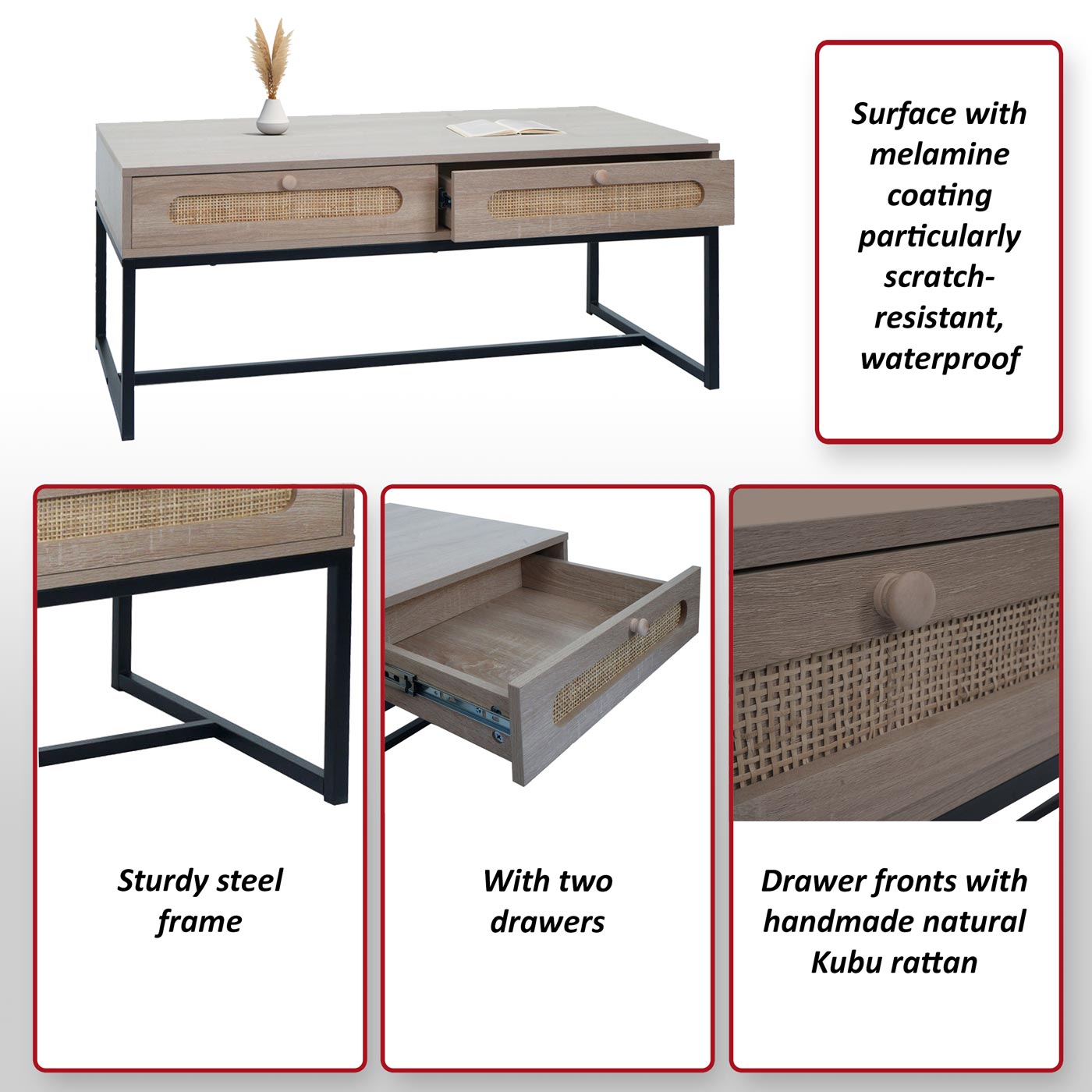Salontafel MCW-M41, woonkamertafel bijzettafel sofatafel, lade, Kubu rotan hout melamine, eiken look