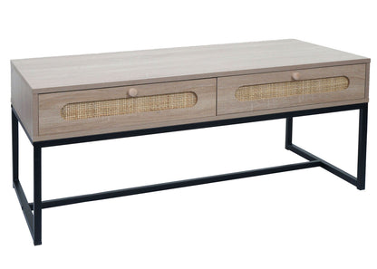 Salontafel MCW-M41, woonkamertafel bijzettafel sofatafel, lade, Kubu rotan hout melamine, eiken look