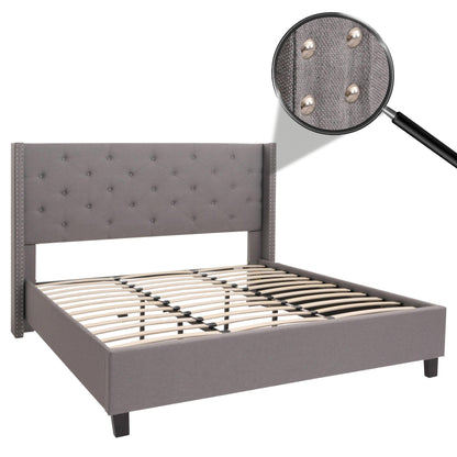 Gestoffeerd bed MCW-N59, bed tweepersoons lattenbodem, massief hout stof/textiel 180x200cm ~ grijs