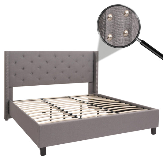 Gestoffeerd bed MCW-N59, bed tweepersoons lattenbodem, massief hout stof/textiel 180x200cm ~ grijs