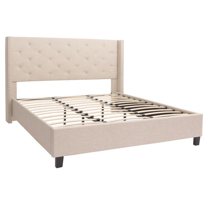 Gestoffeerd bed MCW-N59, bed tweepersoons lattenbodem, massief hout stof/textiel 180x200cm ~ crème-beige