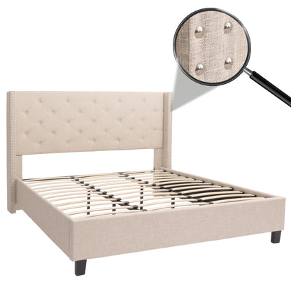 Gestoffeerd bed MCW-N59, bed tweepersoons lattenbodem, massief hout stof/textiel 180x200cm ~ crème-beige