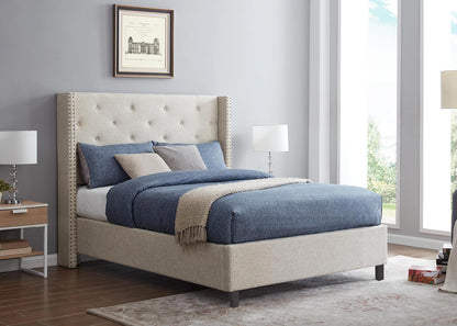 Gestoffeerd bed MCW-N59, bed tweepersoons lattenbodem, massief hout stof/textiel 180x200cm ~ crème-beige