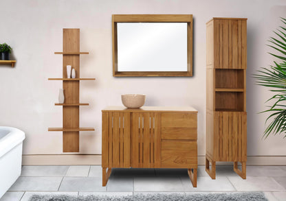 Teak badkamerset MCW-M72, wastafel hoge kast wandplank wandspiegel wastafel, hoogwaardige B-kwaliteit teakhout