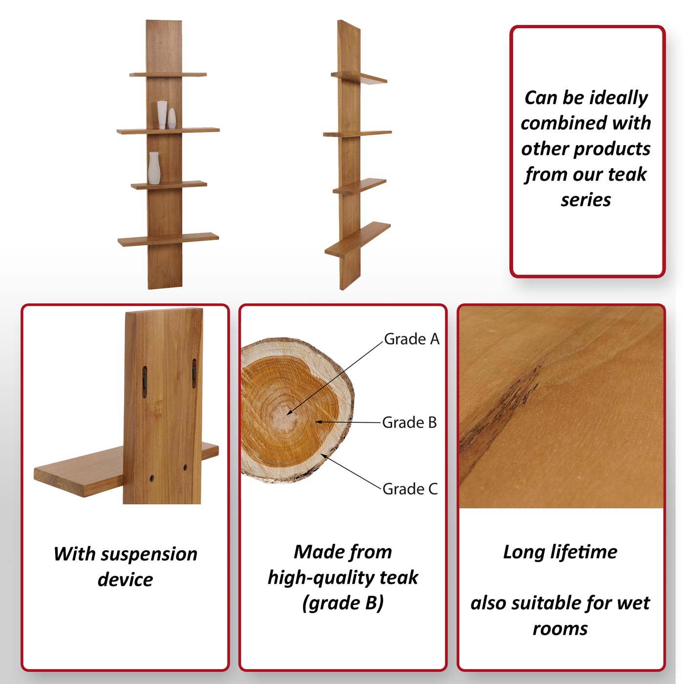 Teak wandplank MCW-M72, badkamerplank Hangplank, hoogwaardige B-kwaliteit teak (kernhout, 20-30 jaar), 51x56x15cm