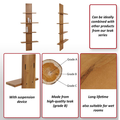 Teak wandplank MCW-M72, badkamerplank Hangplank, hoogwaardige B-kwaliteit teak (kernhout, 20-30 jaar), 51x56x15cm