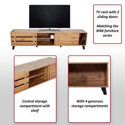 TV-rek MCW-M46, TV-standaard TV-tafel lowboard TV-kast ladekast, 4 opbergvakken 43x180x41cm, natuurlijke kleur
